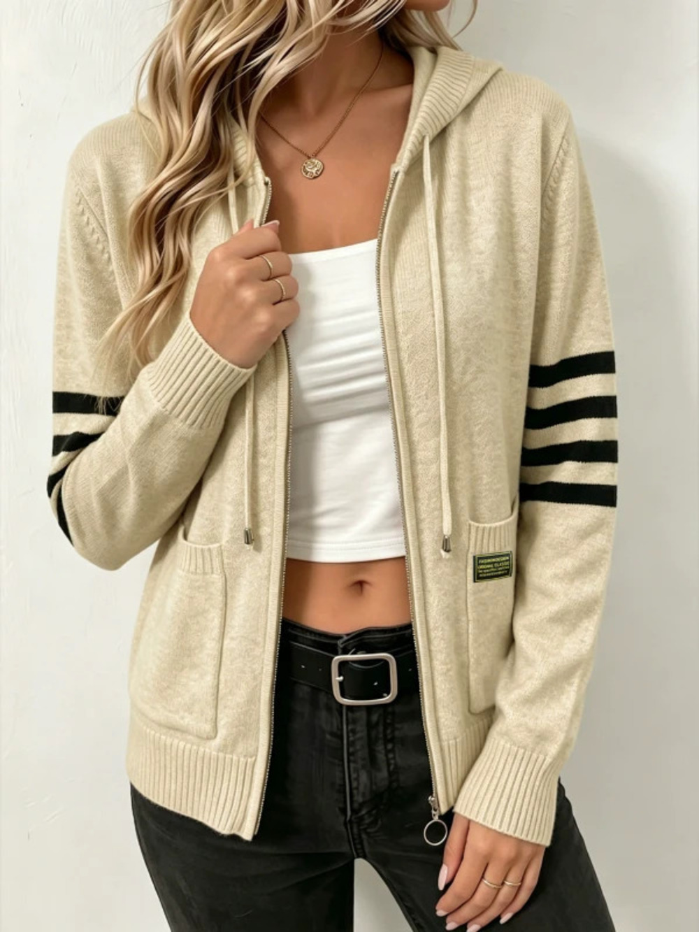 ZARA Womens Fall Winter Knit Zip Up Cardigan Striped Hooded Pockets Casual